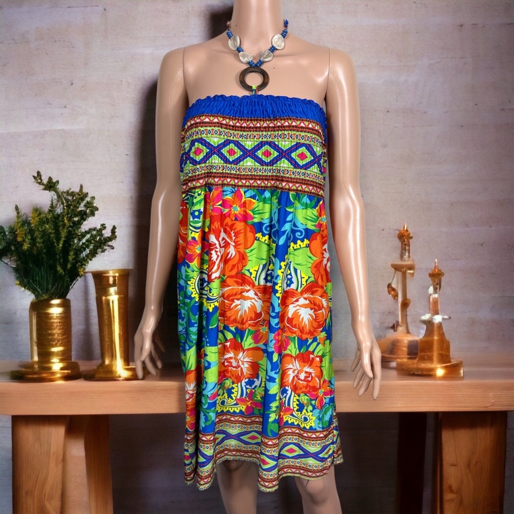 India Boutique women's Tropical dress Hawaii one size ruched bust jeweled ties
